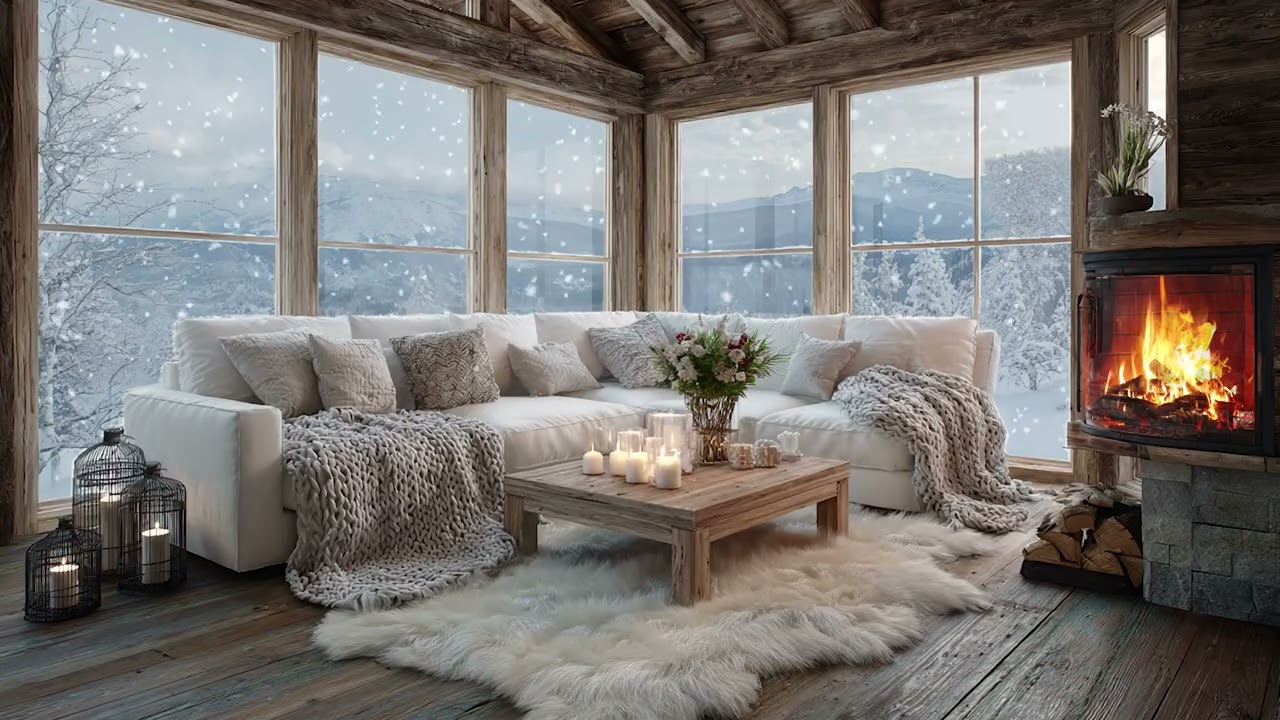 ✨ Winter Piano Lounge Ambience | Candles and Snowfall | Study Sleep Relax