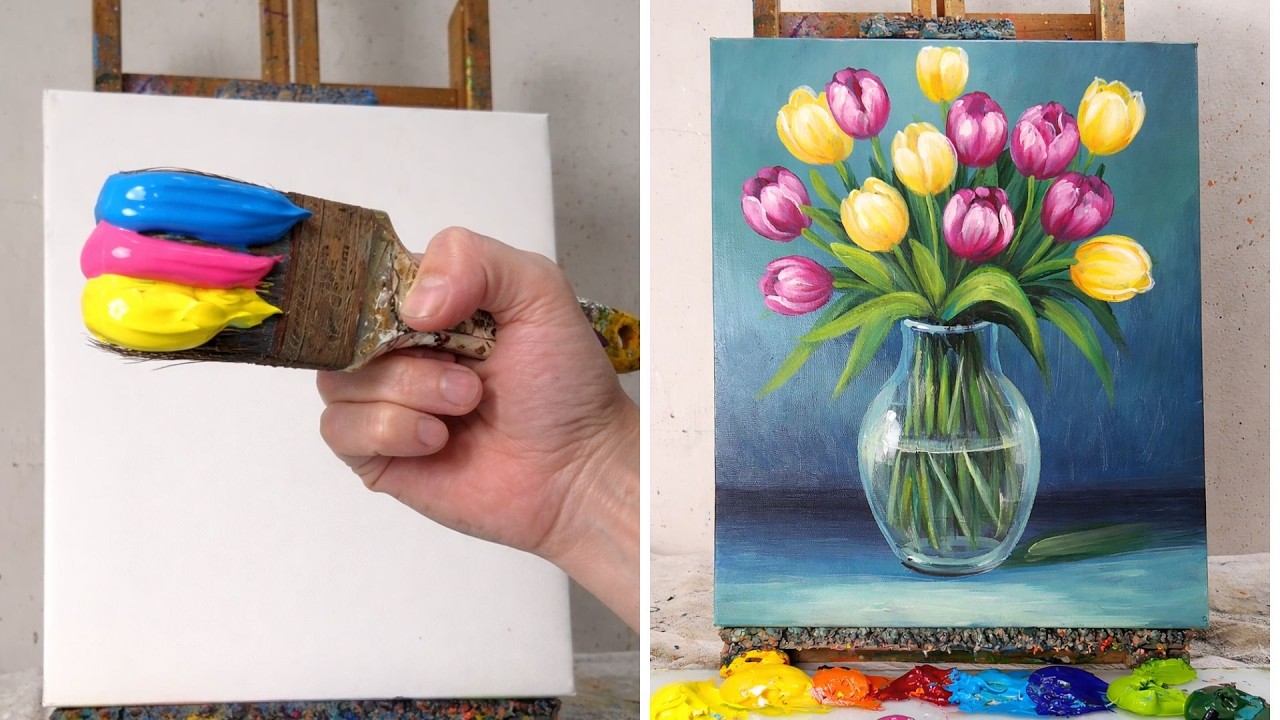 Beautiful Tulip Floral Vase Painting | Easy Acrylic Flower Painting Tutorial for Beginners #096