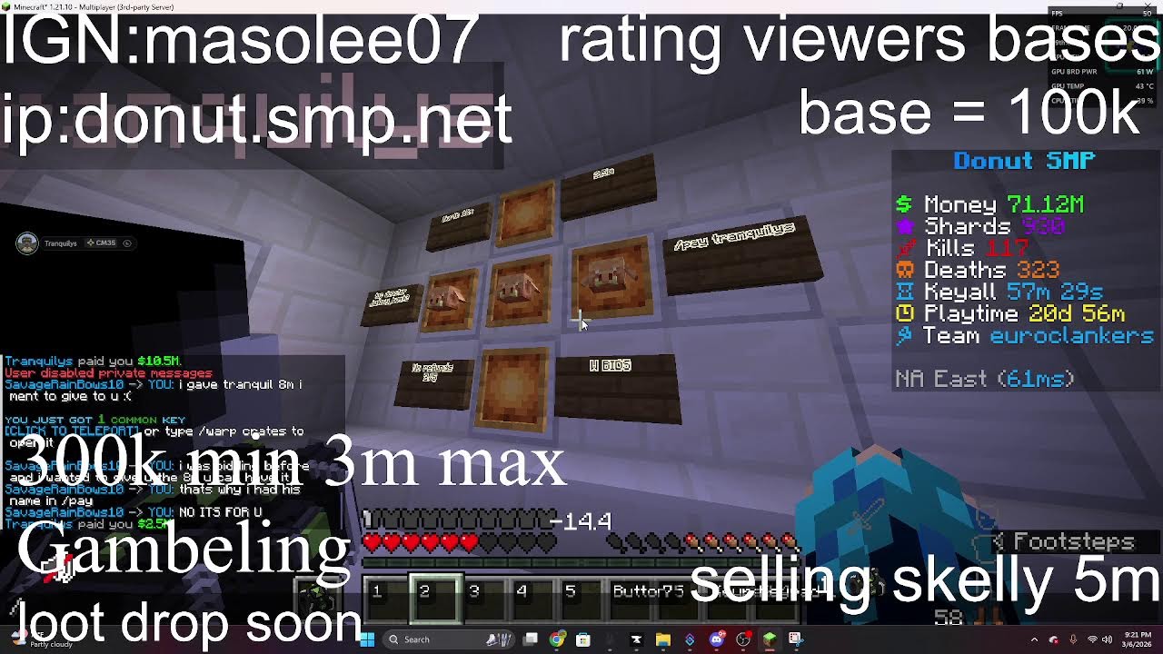 DonutSMP | loot drop STARTING NOW 300m+ | gambling and Action | buying skellys