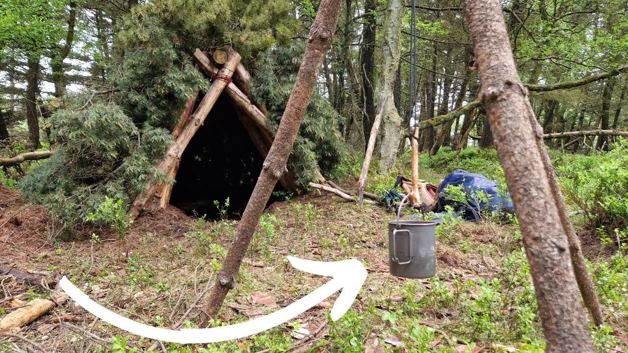 Bushcraft Tipi / Wickiup camp with pine needle tea and an easy Pot Hanger.