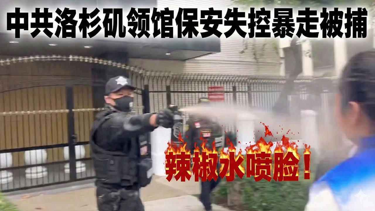 他完蛋了！中国洛杉矶领事馆保安情绪失控，辣椒水恶意攻击抗议者并口头威胁，被警方当场逮捕，面临多项重罪指控，可能要把牢底坐穿