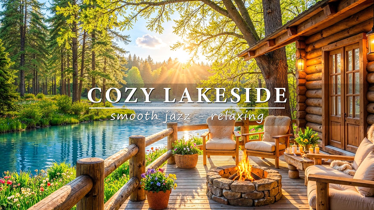 Relaxing Lakeside Evening 🌸 Jazz Fireplace & Gentle Nature Therapy for Work, Study, Focus 🔥