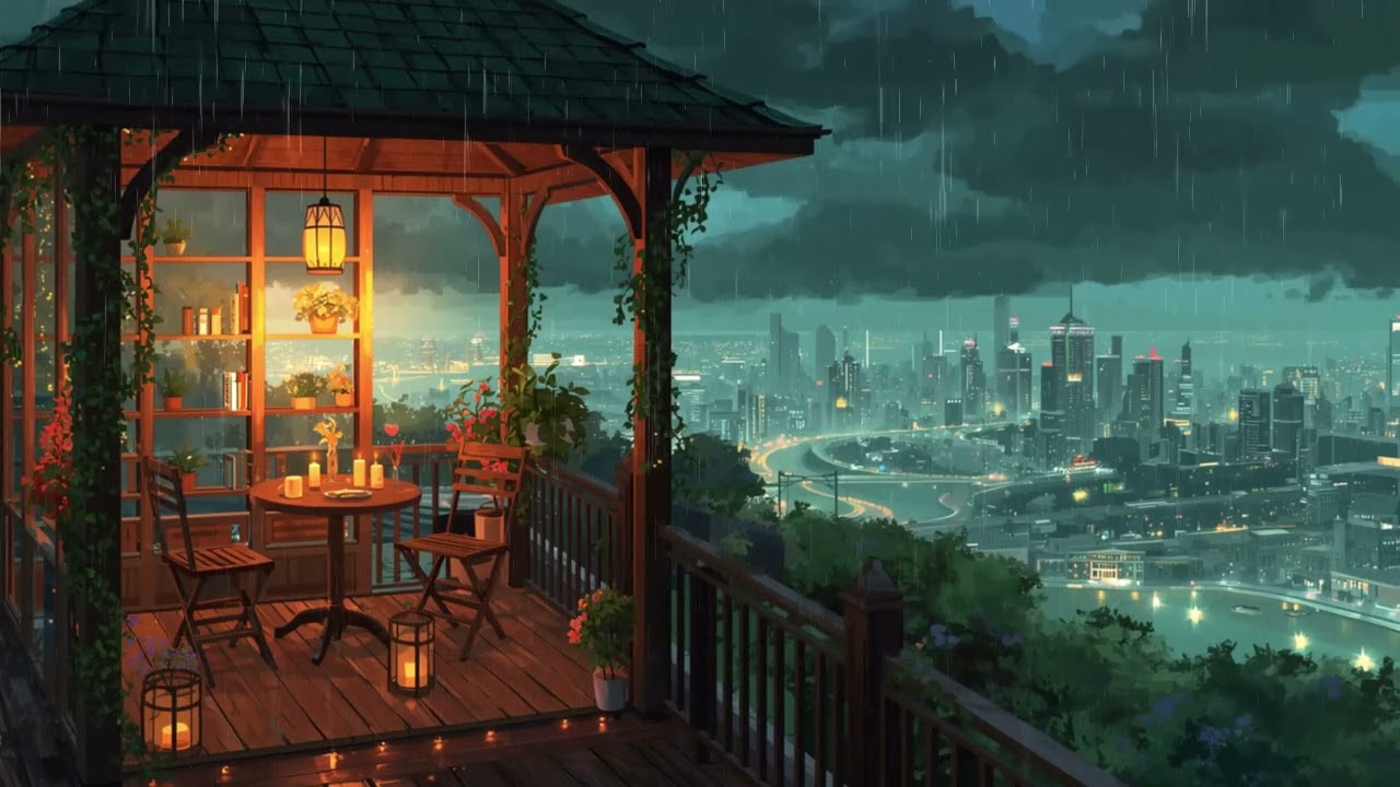 Cozy Balcony in the Rain ☕ Soft Lights & Night City | Chill Lofi for Focus & Calm