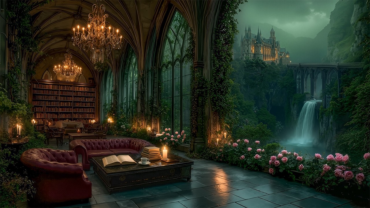 Cozy Spring Library by the Waterfall | Relaxing Piano & Violin | Dark Academia Music with Rain