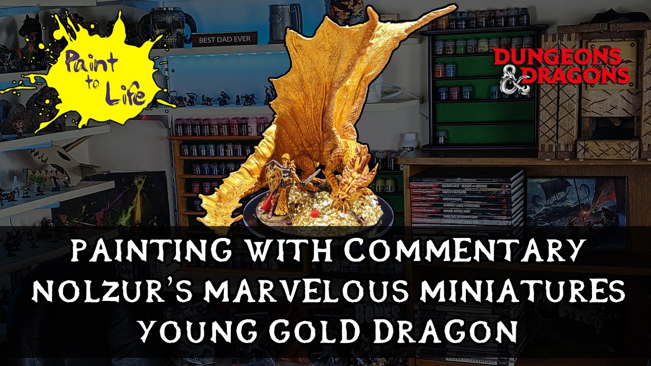 How to paint a Nolzur's Marvelous Miniatures Young Gold Dragon D&D – with step by step commentary.