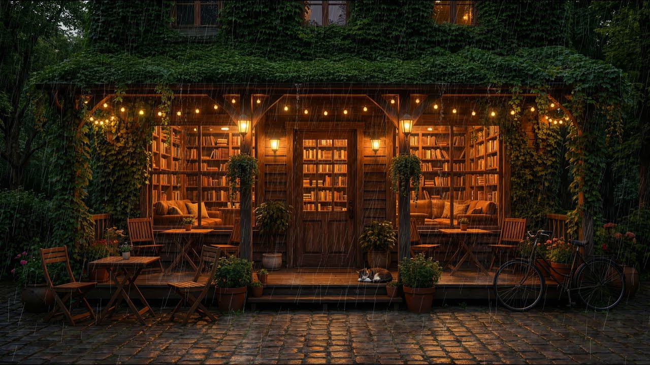 Rainy Book Café Ambience | Warm Lights, Library Vibes & Deep Relaxation