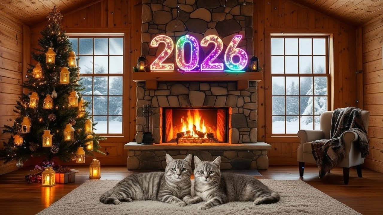 Happy New Year 2026 - Living Room With Cozy Fireplace & Instrumental Music Playlist for Driving