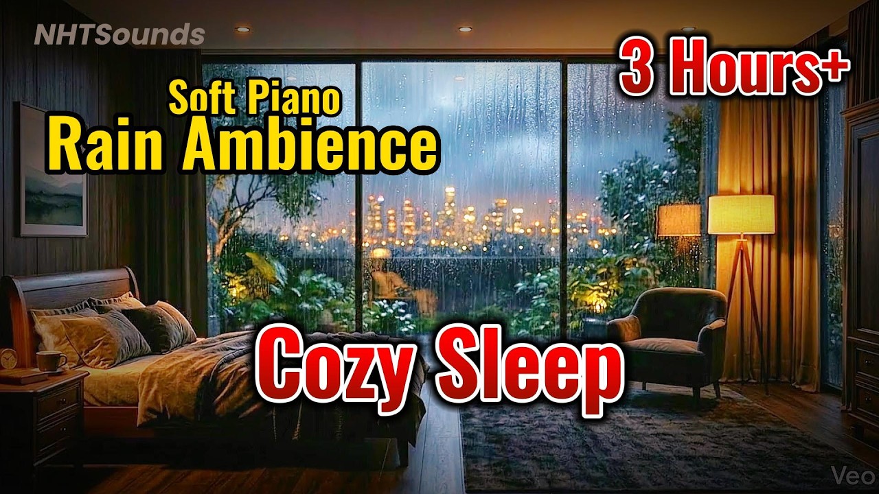 Nighttime Rain Piano – Calm Sleep Music with City View
