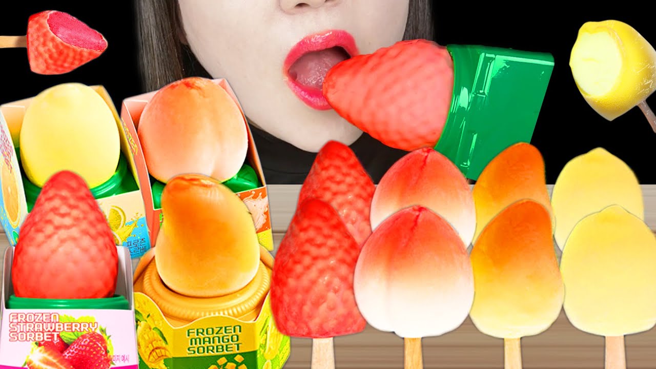 ASMR FRUIT ICE CREAM  FROZEN SORBET 인기있는 프로즌 소르베 망고 & 딸기 & 레몬 & 피치 아이스크림 먹방 Mukbang, Eating