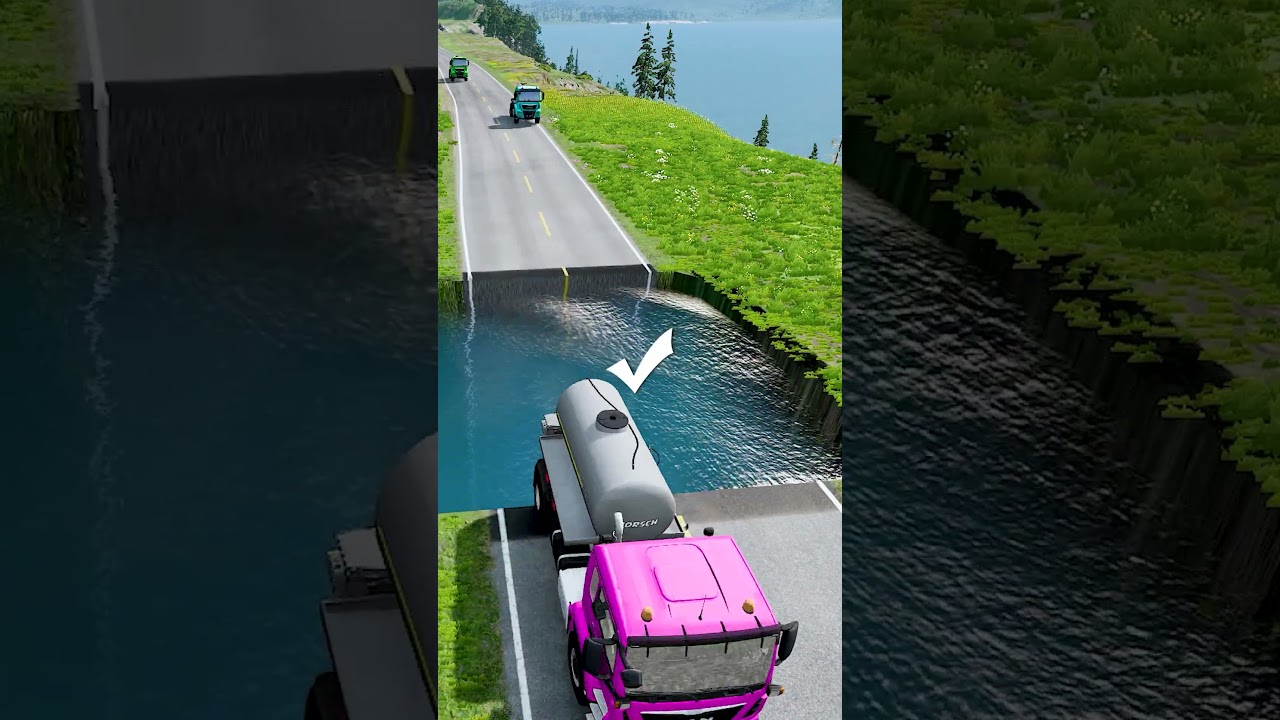 Tanker trucks crossing large water pit #116 | #doublespeedbumps  #carsvswaterpit #carsvsdeepwater