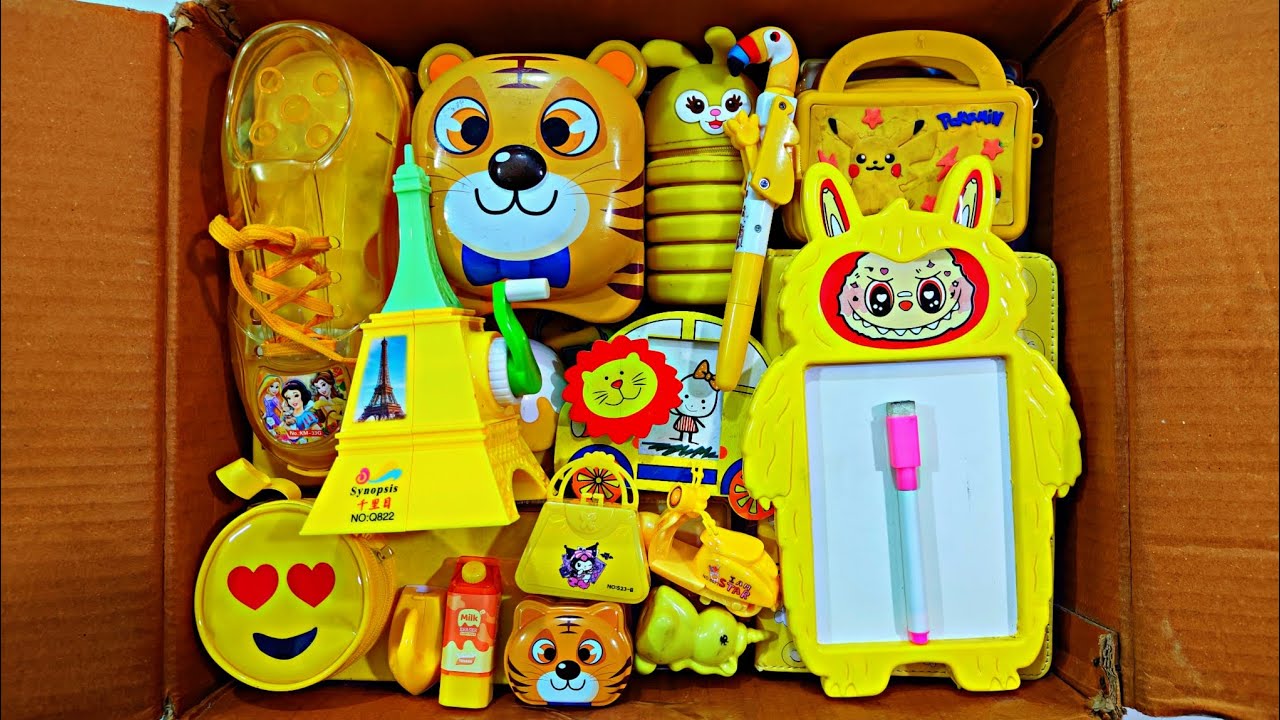 Unboxing Classic Yellow Stationery Items, Pencil Case, Coin Bank, Sharpener, Writing Board, Pouch