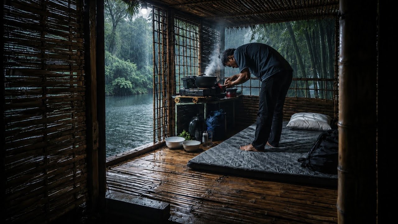 Diguyur hujan deras siang malam membangun shelter megah di tepi sungai | camping and cooking [ASMR]