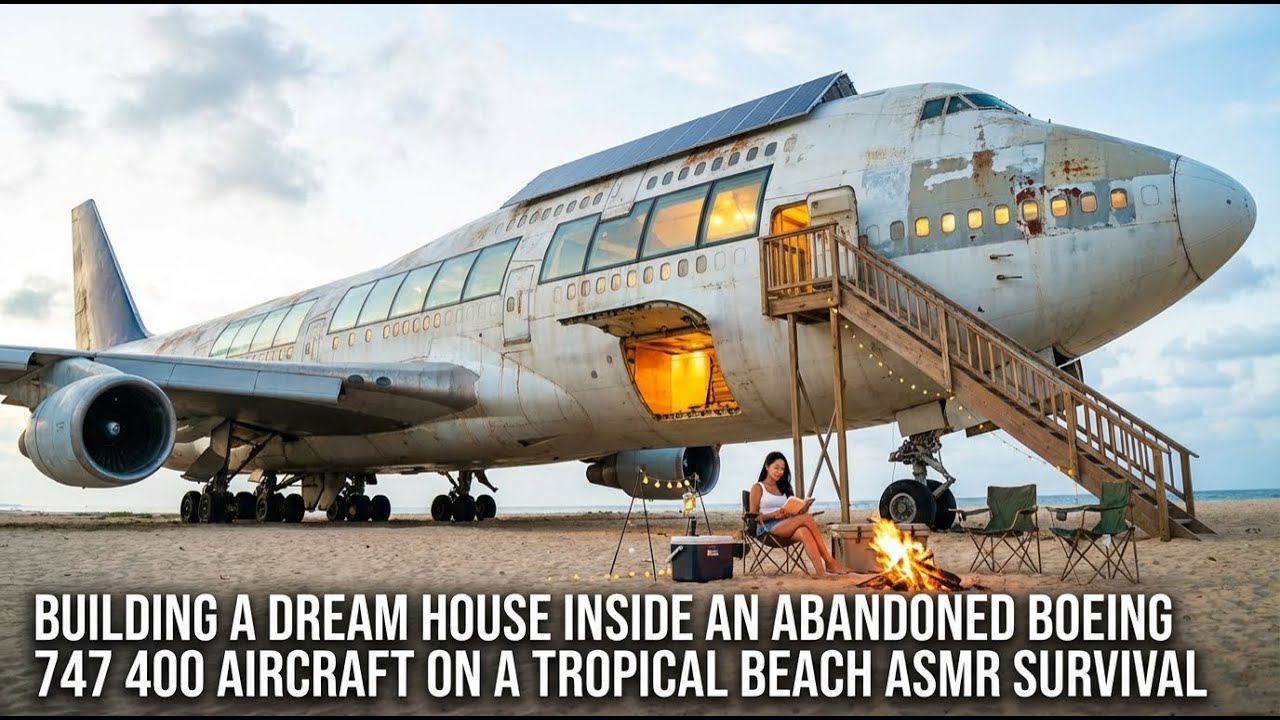 Building a Dream House Inside an Abandoned Boeing 747 400 Aircraft on a Tropical Beach ASMR Survival