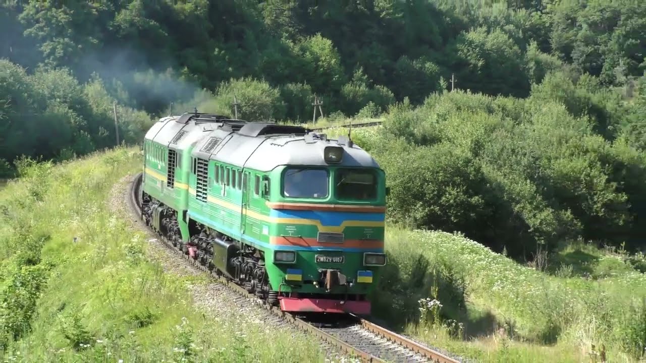 Green diesel locomotive in a summer forest among crickets and butterflies