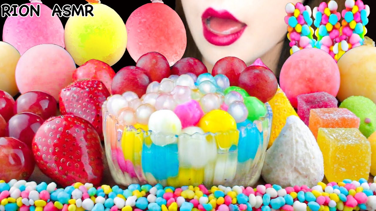 【ASMR】COLORFUL MOCHI BOWL,CANDIED GRAPE,FROZEN FRUITS JELLY MUKBANG 먹방 EATING SOUNDS NO TALKING