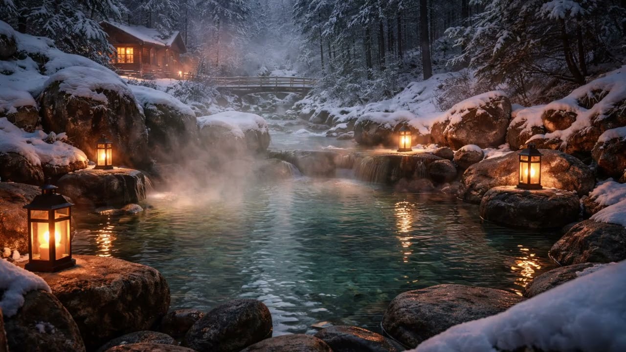 ❄️Mountain Hot Springs with a Trickling Stream, Secluded and Warm, for Relaxation on a Snowy Day.