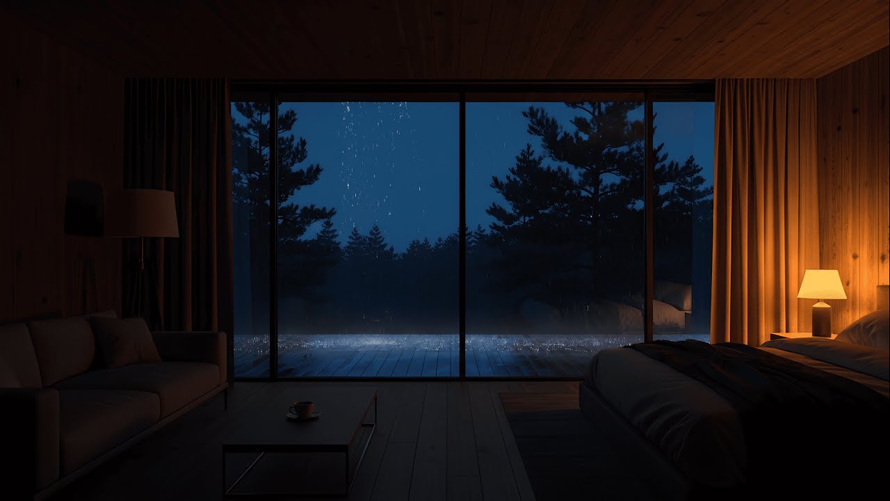 Soft Piano & Night Rain for Deep Sleep | Cozy Cabin Bedroom, Rain on Window