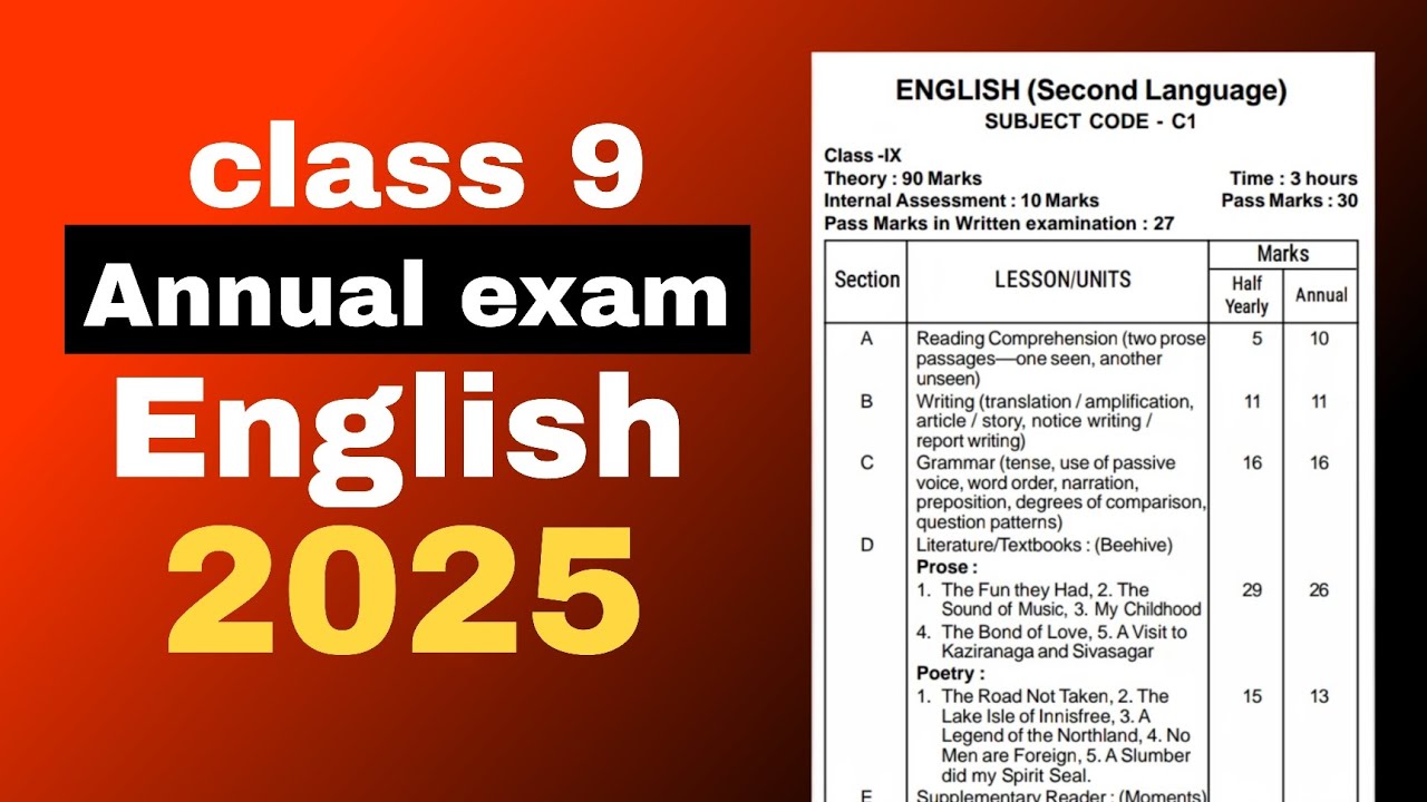 Class 9 annual exam syllabus 2025 English seba board Assam