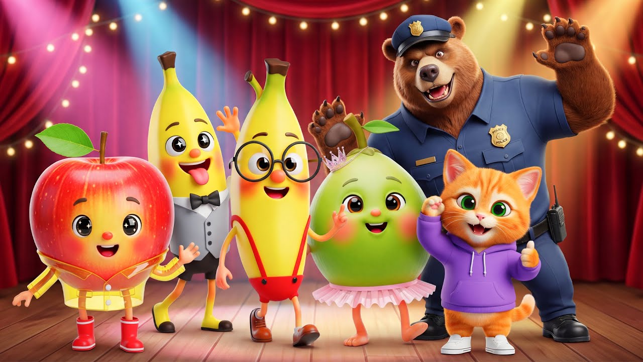 Canciones Infantiles en Español 🎵 Plátano, Coco y Gato Bailarines  Música Infantil 3D para Bebés