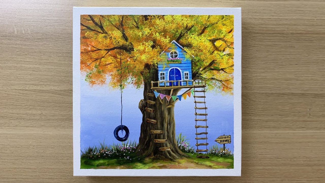 Paint a little house on the tree using Acrylic paints