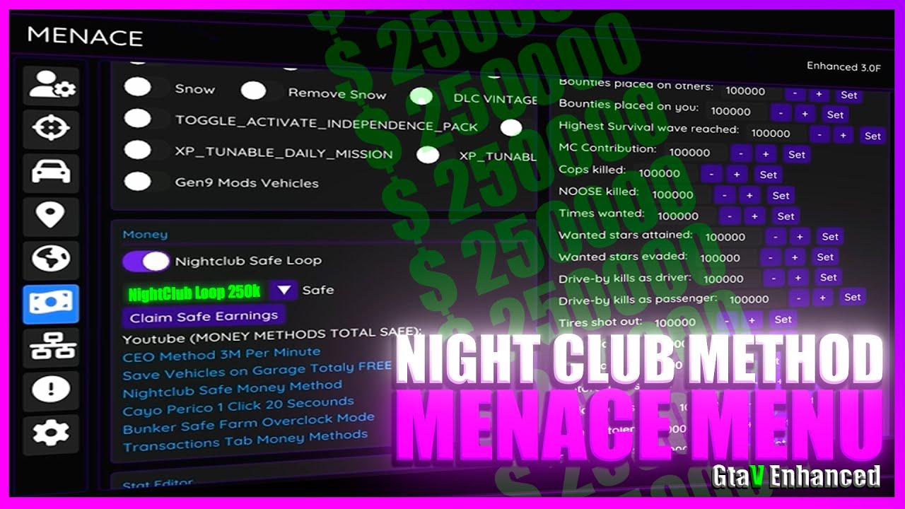 HOW TO USE THE NIGHTCLUB MONEY MATHOD OF MENACE MENU IN THE GTA ENHANCED, 250K SAFE LOOP!!!!