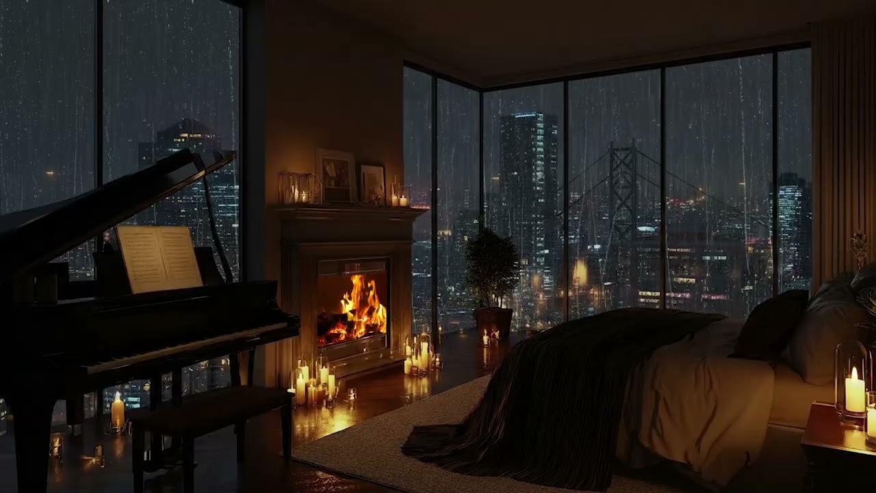 Luxury Bedroom Night Piano 🌙 Cozy Piano & Rain Sounds for Deep Sleep, Relax, Stress Relief
