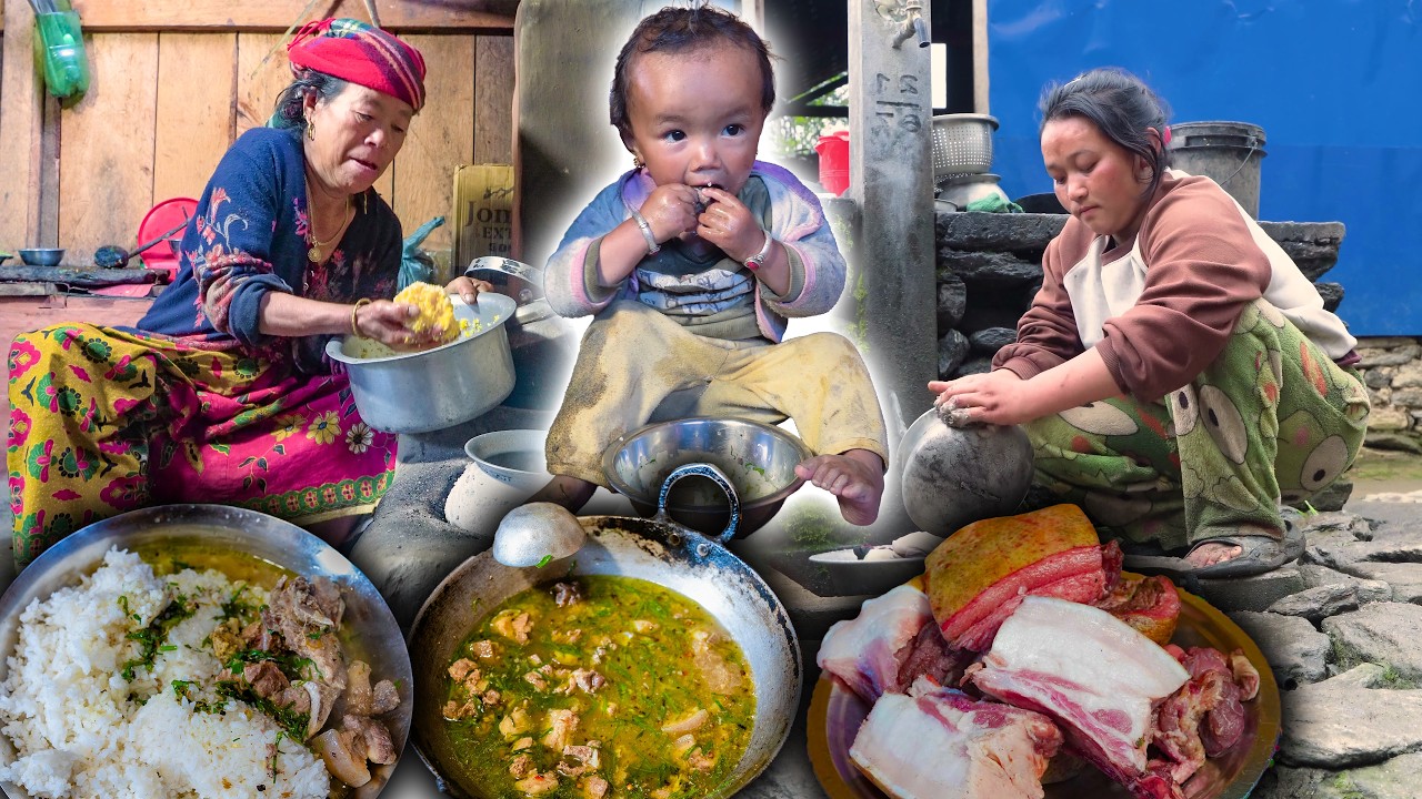 Boiled Pork soup with Rice || Village style pork cooking & eating in Village kitchen || food vlog