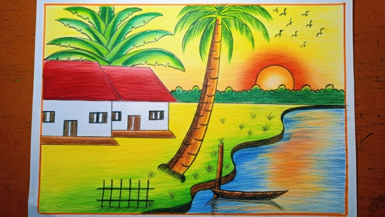 Simple village scenery drawing/How to draw village scenery/Kousole drisso aka shikhun/Easy technique
