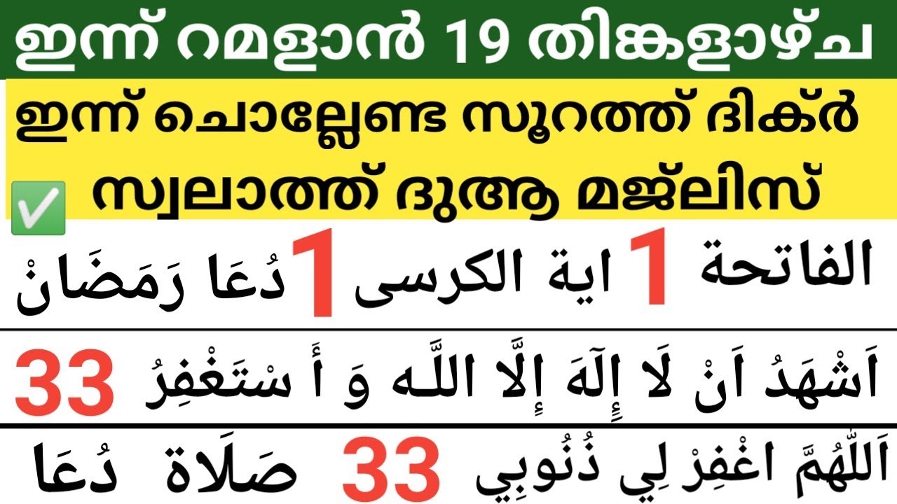 ഇന്ന് റമളാൻ 19 തിങ്കളാഴ്ച ഇന്നത്തെ പകലിലും രാവിലും ചൊല്ലേണ്ട മഹത്തായ ദിക്ർ സ്വലാത്ത് തസ്ബീഹ് ദുആ 