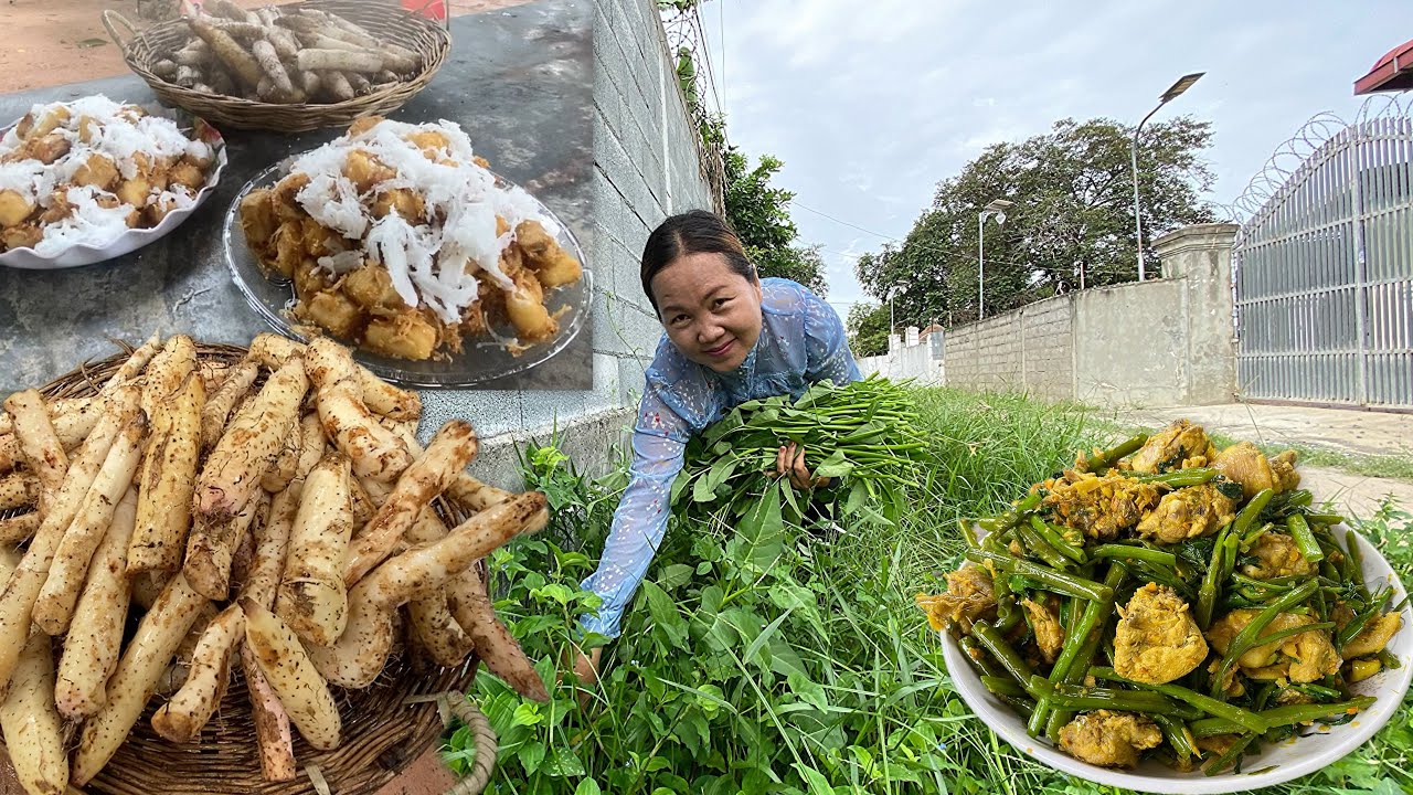 Khmer dessert , Sweet Potato & Family Meal , Fried Chicken with Water convovulus...