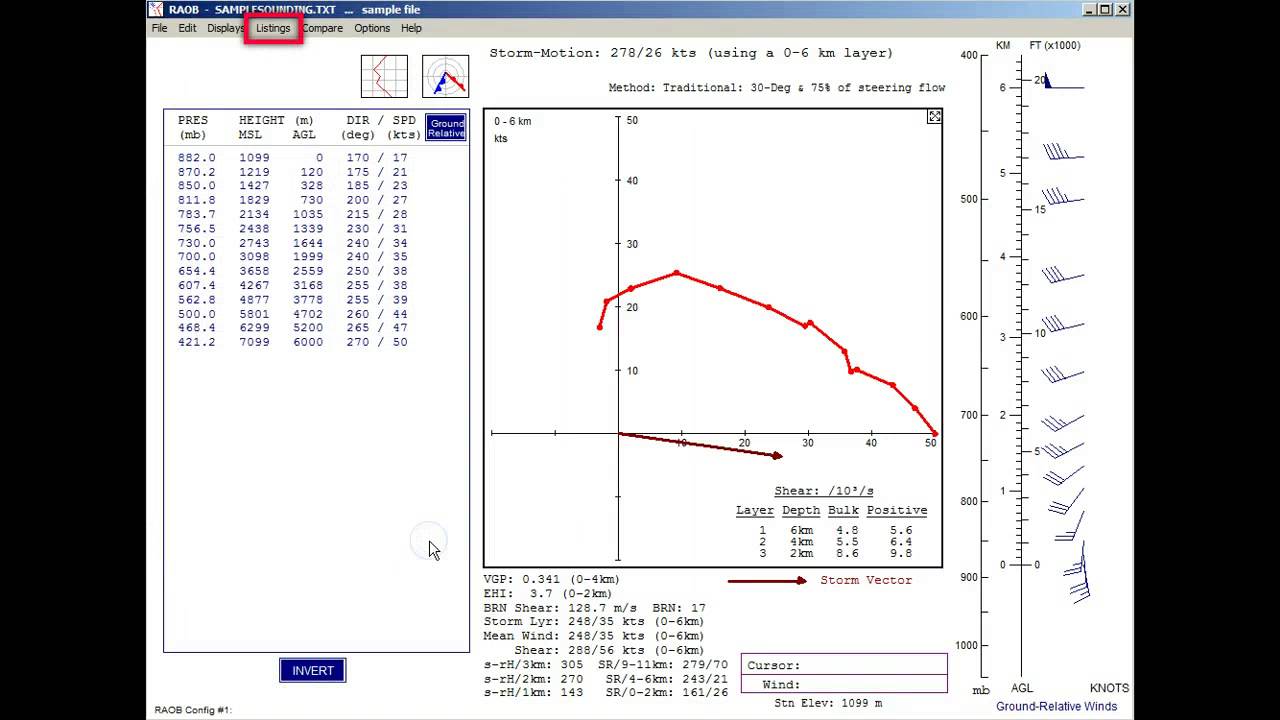 RAOB Hodograph Options: Vector, Shears & Helicity Tab