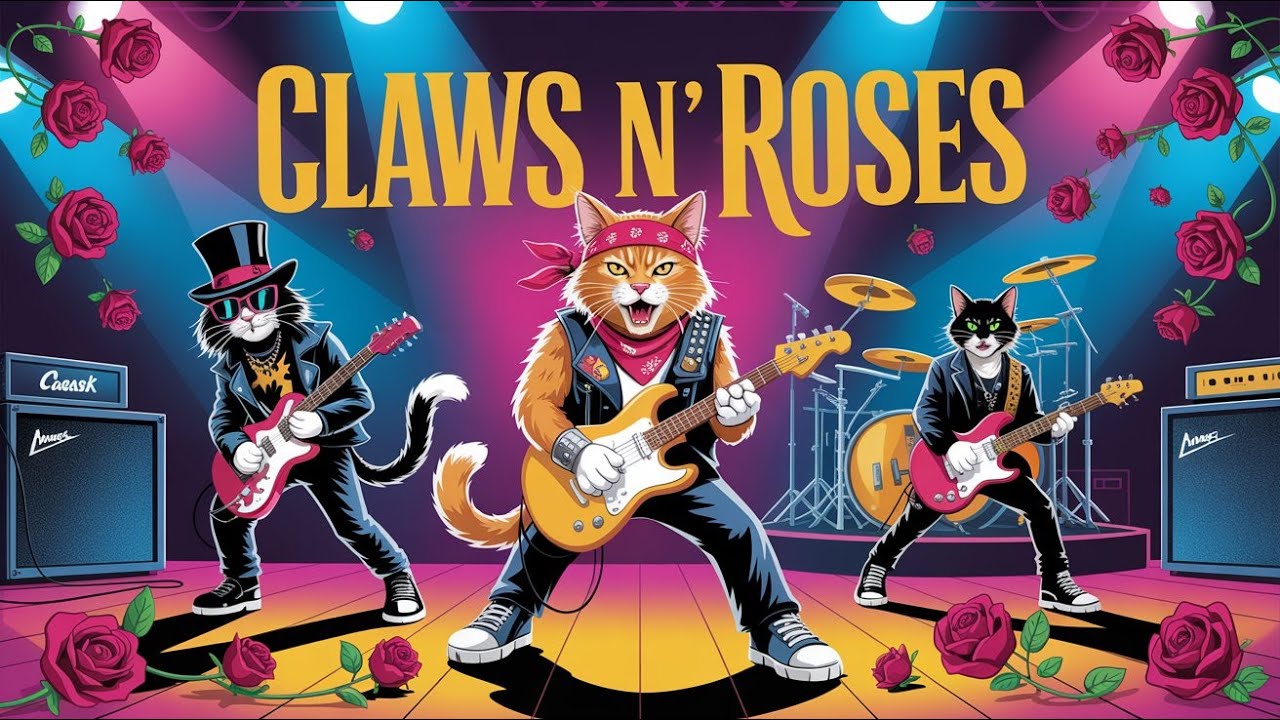 Claws N’ Roses –The Wildest Feline Concert of the 80s🐾🎤