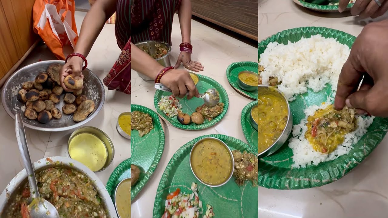 बैगन का चोखा / बाटी या लिट्टी / पंचमेल दाल / सलाद / चावल / 😃👌