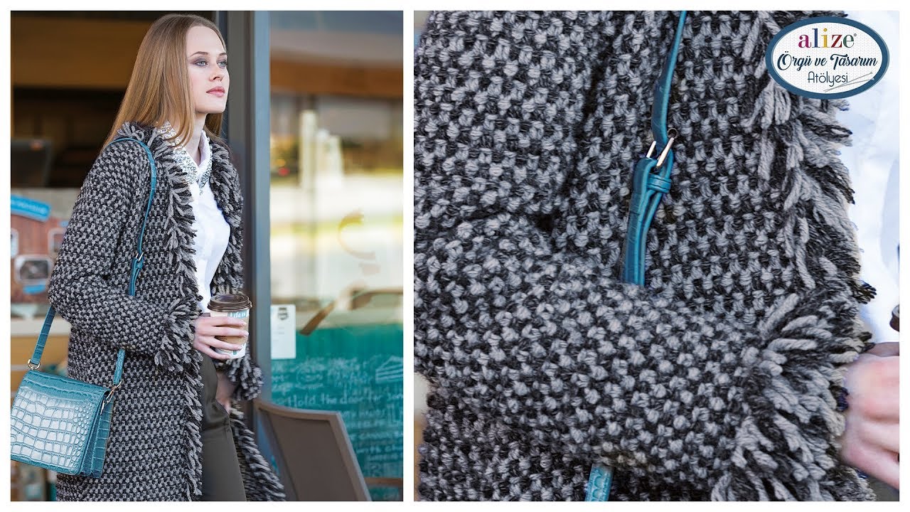 2 Renkli Bayan Hırka  2-Color Moss Stitch Women's Cardigan