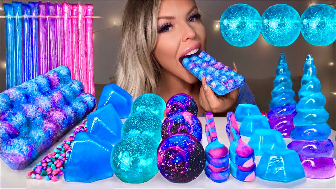 ASMR GALAXY BUBBLE CHOCOLATE BAR, CRYSTAL JELLY, EDIBLE JEWELS UNICORN HORN EDIBLE GEODES MUKBANG 먹방