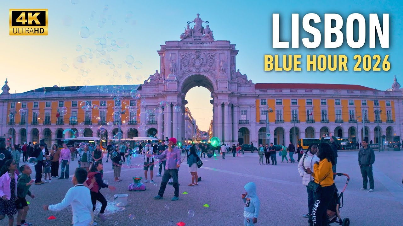 Lisbon Blue Hour to Night Walk 2026 &mdash; Waterfront to Pra&ccedil;a do Com&eacute;rcio 4K