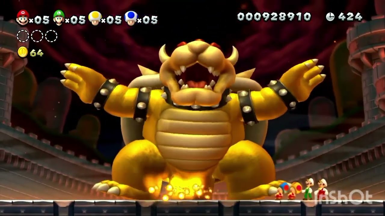New super Mario bros u deluxe bolas de fuego contra Bowser (4 jugadores)