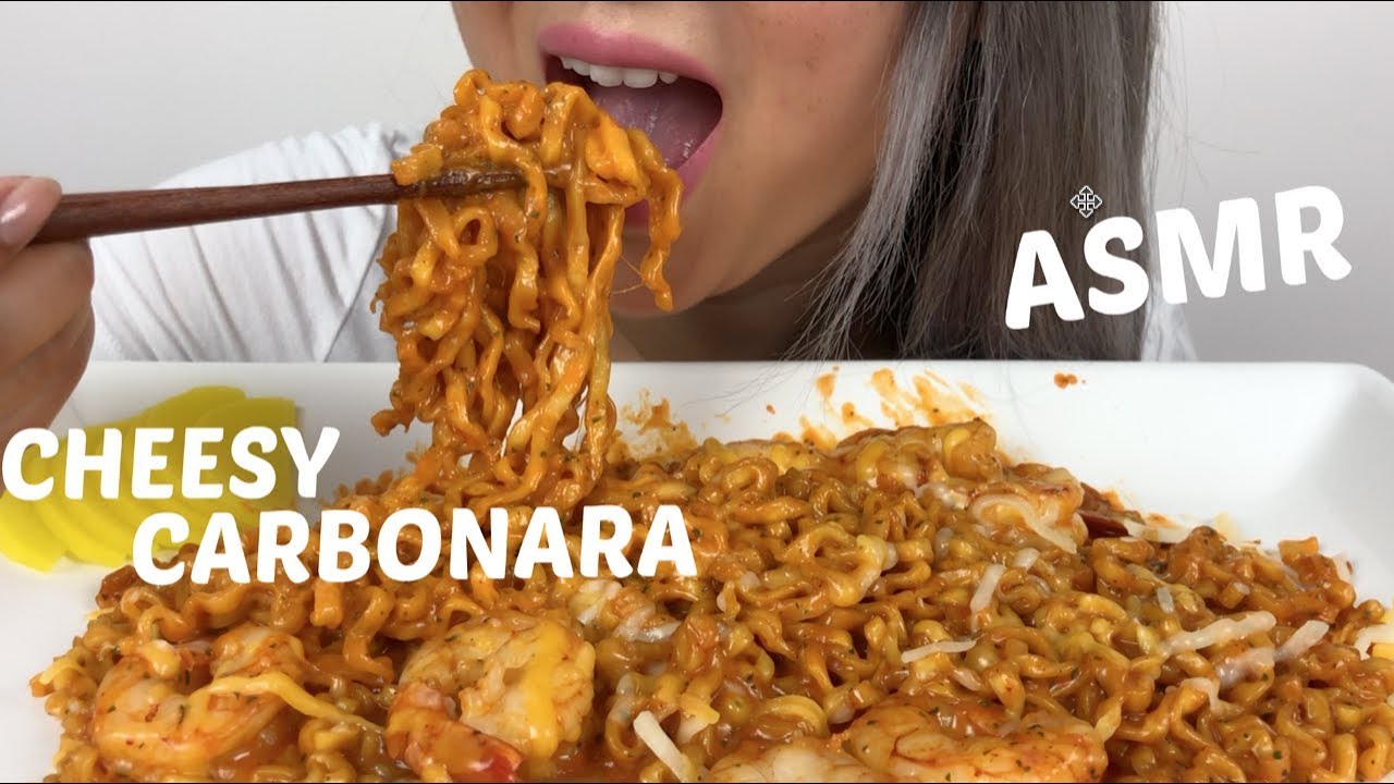 Cheesy Shrimp Carbonara Fire Noodle (Recipe) |ASMR Eating Sounds | N.E Let's Eat