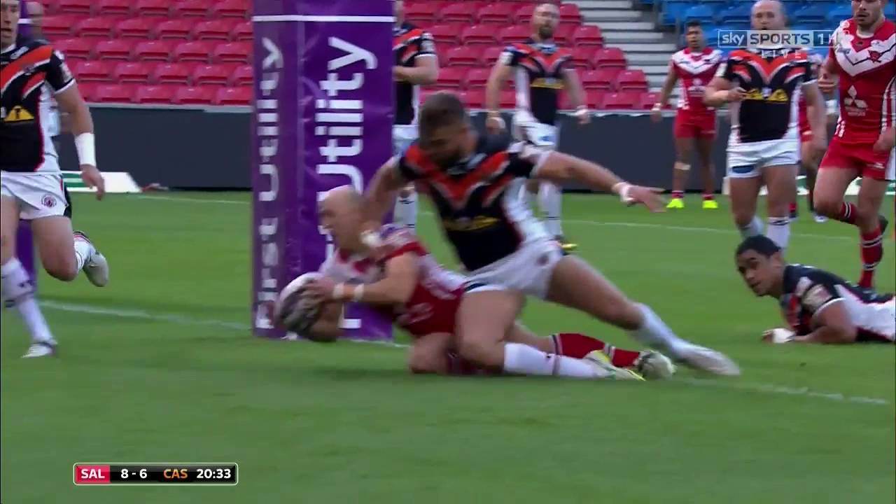 Michael Dobson scores a great try on his 200th Super League appearance