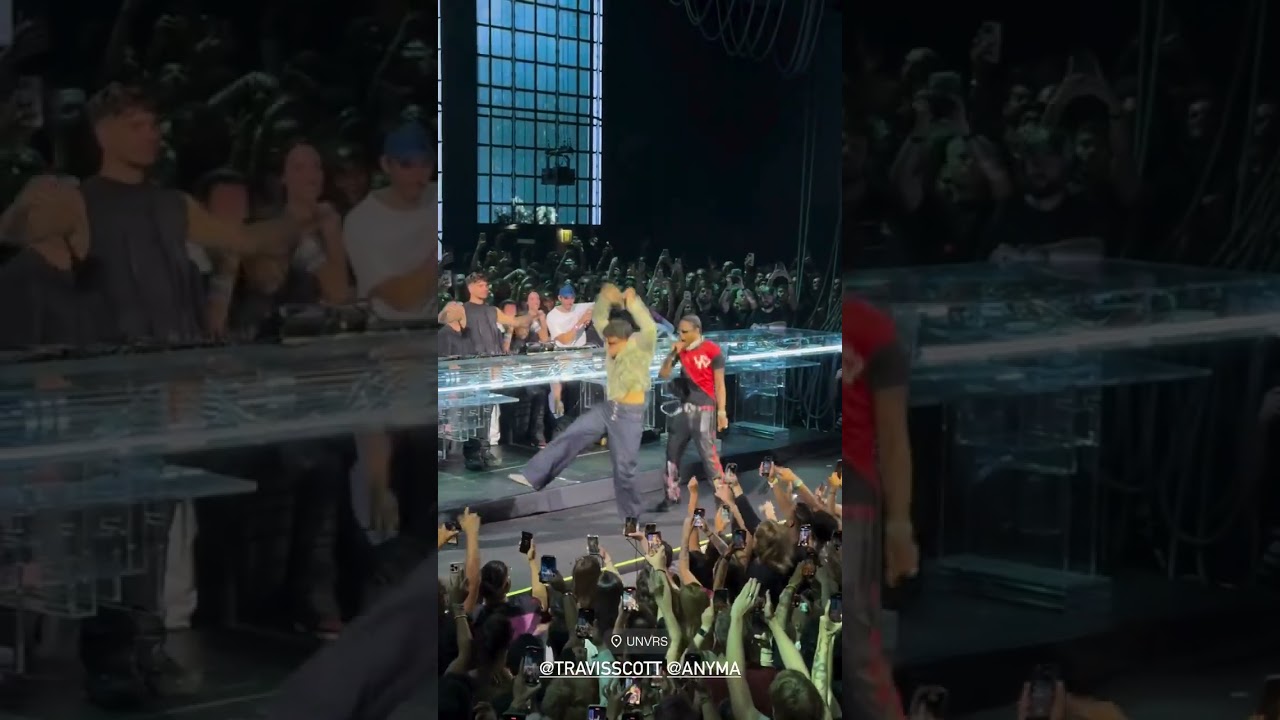 Travis Scott pulls a fan from the crowd to join him on stage with ANYMA at #unvrs #ibiza