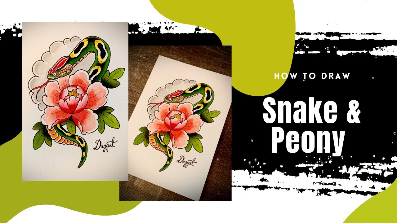 How to draw a Japanese Snake (Bonus easy peony tutorial)