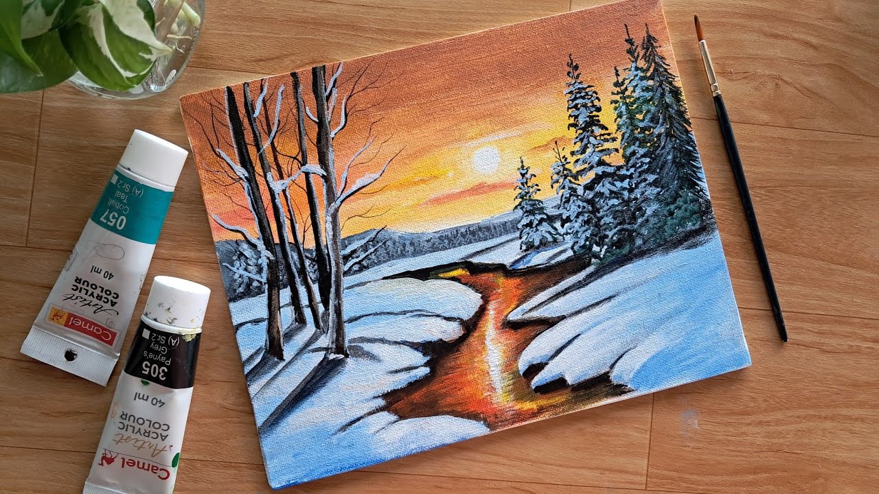 How to Paint a Snowy Winter Sunset Lake Acrylic Painting for Beginner Step by Step #2025 