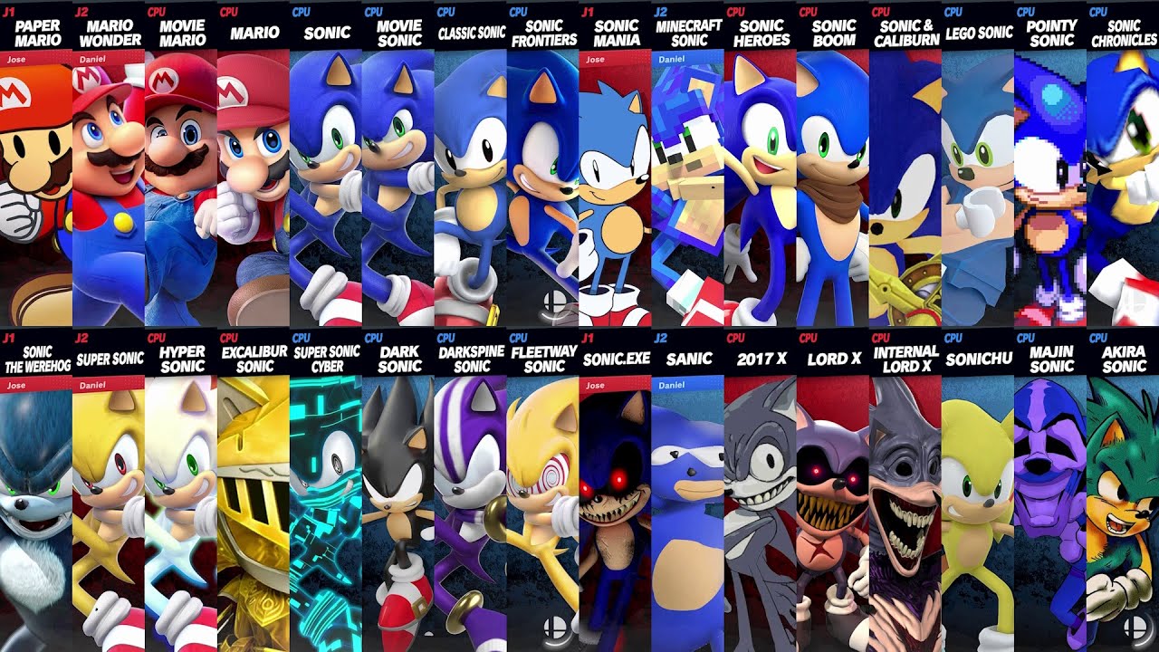 Sonic vs Mario vs Super Sonic vs Movie Sonic vs Minecraft Sonic in Super Smash Bros Ultimate