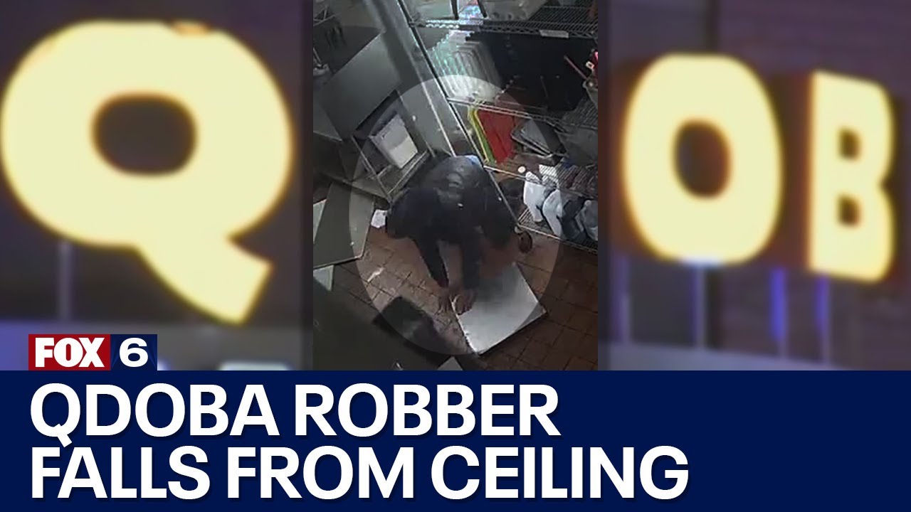Bayshore Qdoba robbery video; man, girl fall through ceiling | FOX6 News Milwaukee