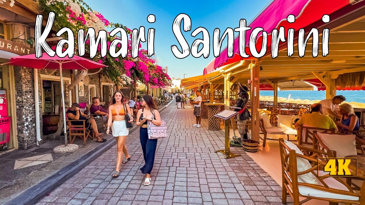 Kamari Santorini, Beach, walking tour 4k, Greece travel guide