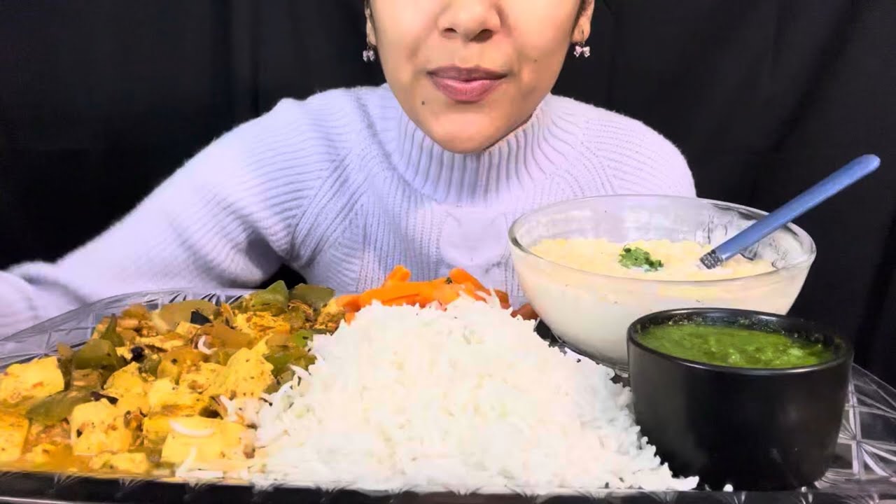 Eating Punjabi style kadhayi paneer 🔥 and basmati rice 🍚 with Coriander chutney and boondi raita 😋 