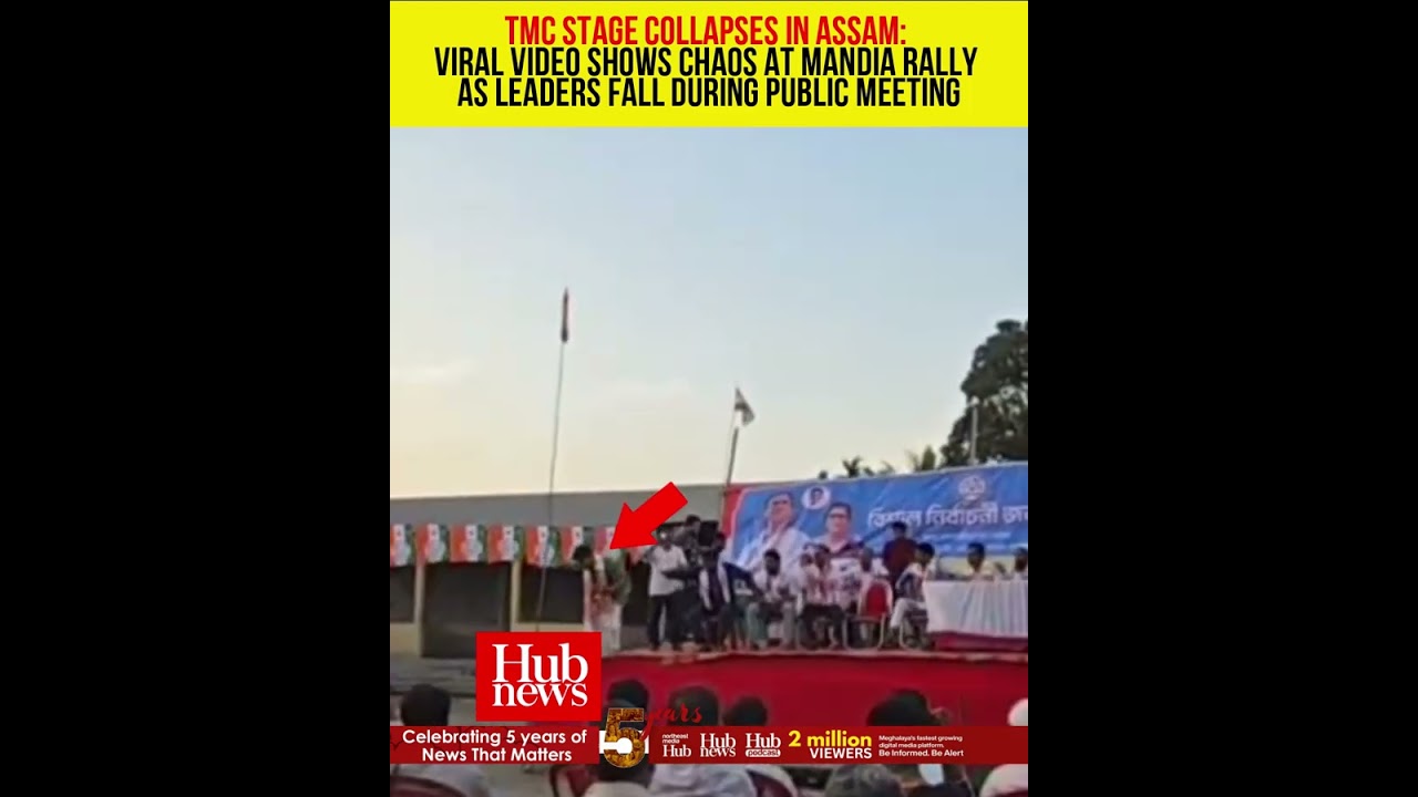 TMC Stage Collapses in Assam: Viral Video Shows Chaos at Mandia Rally as Leaders Fall During Meeting