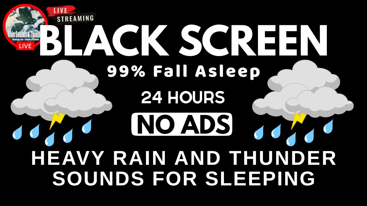 🔴 Heavy Rain & Thunder Sounds ⛈️| Black Screen - Deep Sleep, Relaxation & Stress Relief, Live Stream