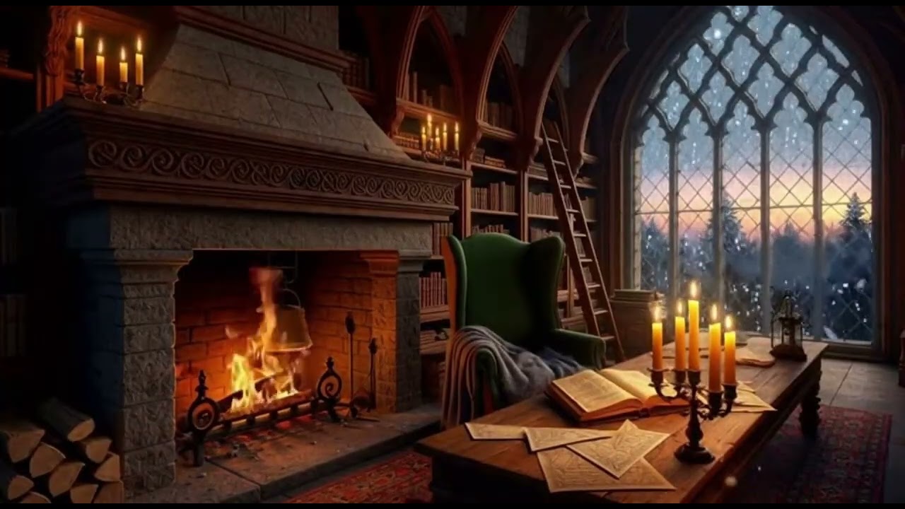 Medieval Stone Library Fireplace ❄️🔥 Snowy Night | Cozy Study Ambience