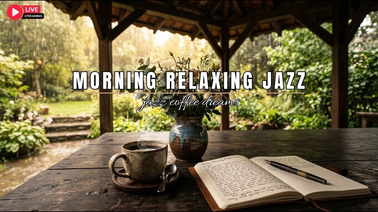 🔴 Morning Relaxing Jazz 🌼 Warm Outdoor Rain & Ambient Study Music